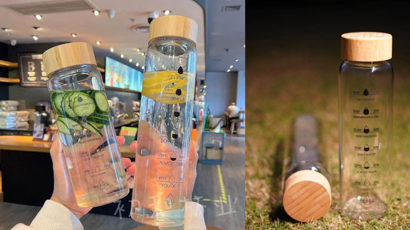 Clear Glass Water Bottle with Time Marker & Wooden Cap
